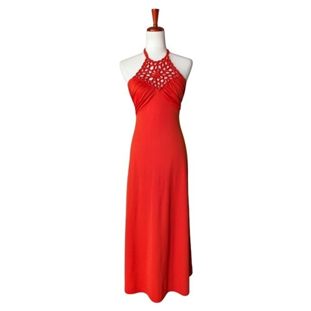 VTG 70s Groovy Burnt Orange Crochet Macrame Halter Tea Length Dress Size Small